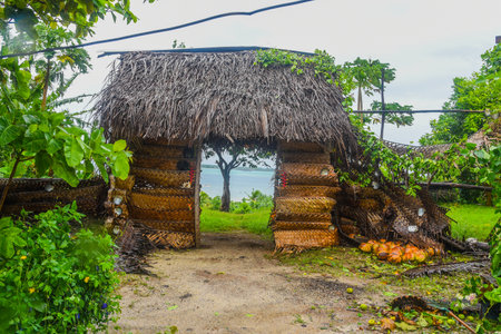 Tropical hut made of straw in Bora Bora, South Pacific island northwest of Tahiti in French...
