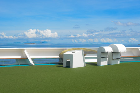 View of the deck of a cruise ship on the seashore