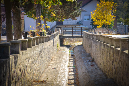 Stone walkway in the park at autumn time, Berovo Macedoniaの写真素材
