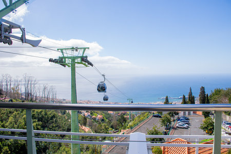 Cable car on the background of the sea and blue sky in Tenerifeの写真素材