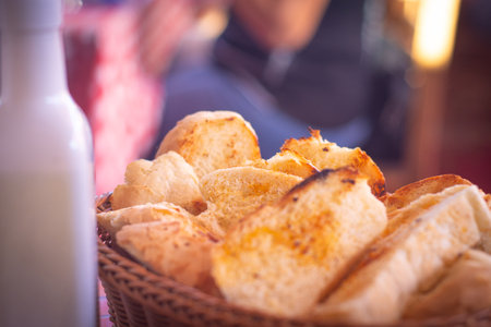 Crispy potato chips in a wicker basket. Selective focus. Lesnovo, Probistip region, Republic of Macedoniaの写真素材