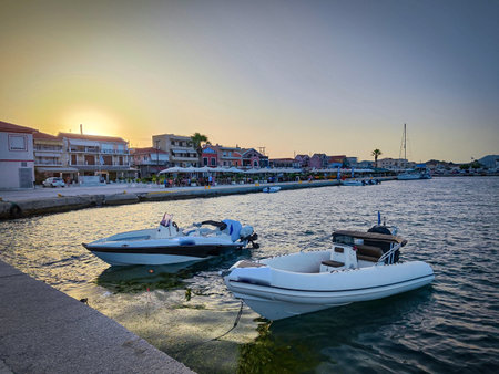 Fishing boats in the port of island in Kefalonia, Greeceの写真素材