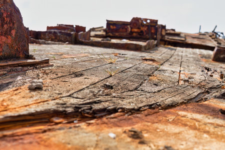 Old rusty ship wreck in the sea, close-up, selective focus in Fleetwood, north-west, lancashire, ukの写真素材