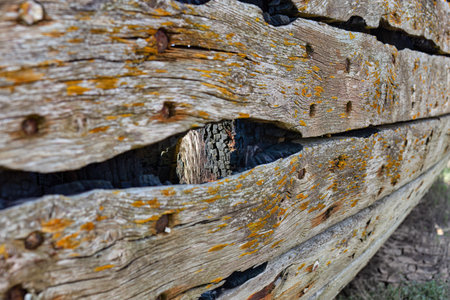Old wooden ship hull, detail of old wooden ship, close up in Fleetwood, north-west, lancashire, ukの写真素材