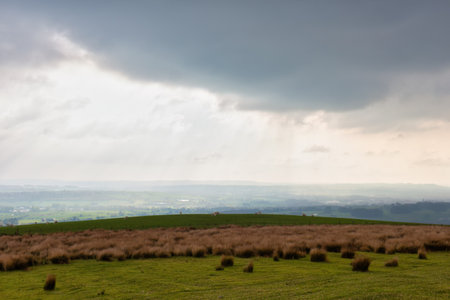 Landscape with a stormy sky over the countryside in Rivington, Lancashire, UKの写真素材