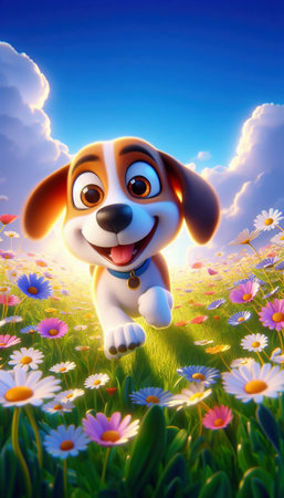 A joyful Beagle bounds through a meadow of colorful flowers depicting happiness. Generative A.I.の写真素材