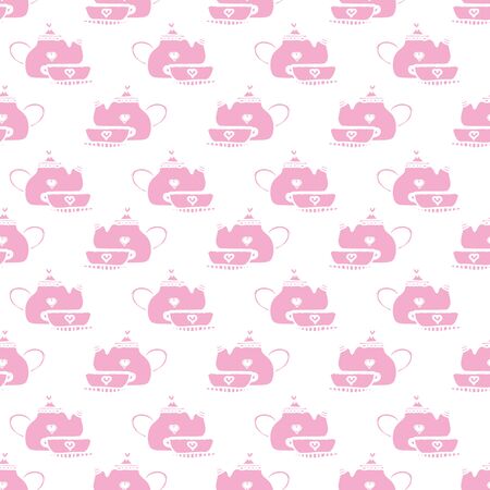 Pink teapot and cup seamless repeat pattern printのイラスト素材