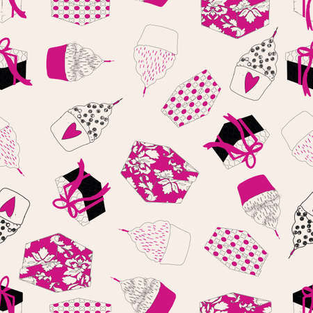 cupcakes and cadeaus on dots background repeatの写真素材