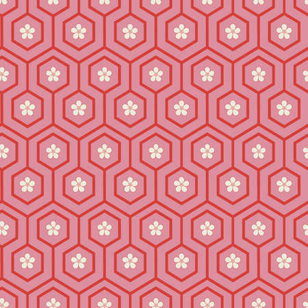 Red hexagon with white flower repeat pattern printのイラスト素材