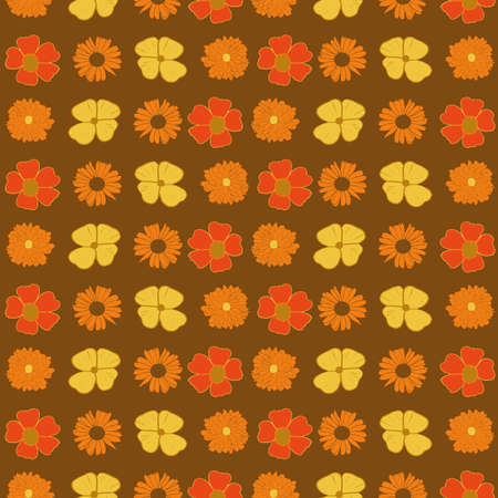 Yellow, orange and brown vintage flowers seamlessのイラスト素材