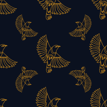 Flying golden birds line arts vector seamlessのイラスト素材