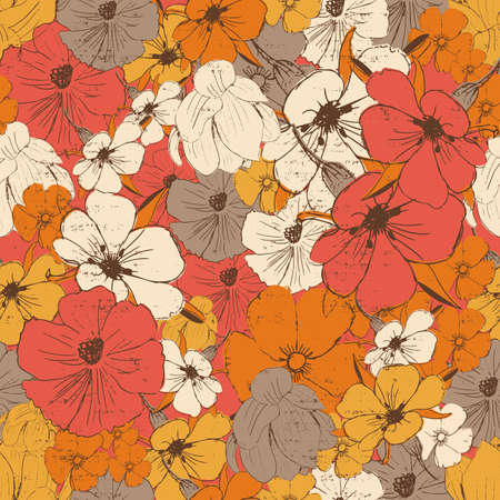 Hand drawn retro flowers vector seamless repeatの写真素材