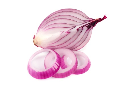 Red sliced onion isolated on white background. Close upの写真素材