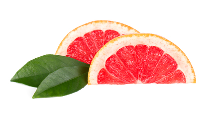 Pink grapefruit and slices isolated on white background with clipping path. Isolated grapefruits. Fresh grapefruit with green leaves isolated.の写真素材