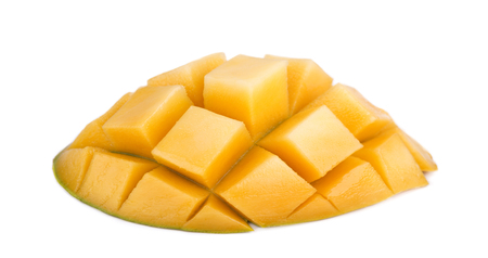 Mango cube isolated white background. Juicy and sweet mango fruit isolated.の写真素材