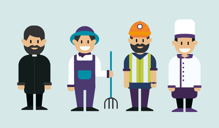 Working man, catholic priest, farmer and chef cook. Men of different professions. Vector flat design illustration.のイラスト素材