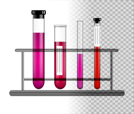 Test tubes with liquid on a glass stand. Transparent glass flasks with cap. Vector illustration.のイラスト素材