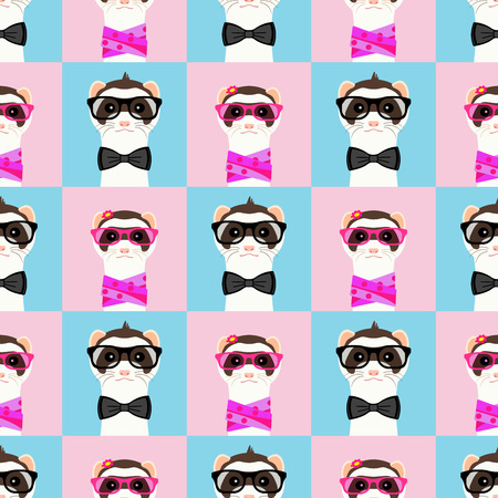 Ferret girl and boy portrait with glasses. Seamless pattern. Vector illustration.のイラスト素材