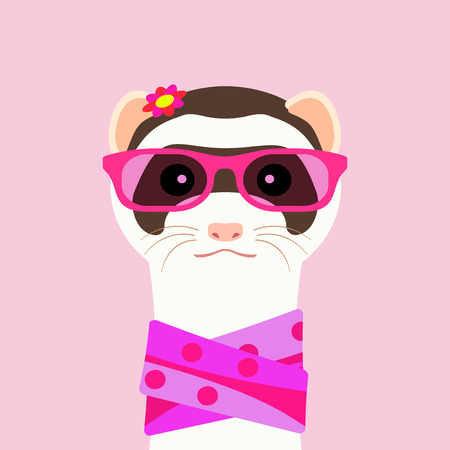 Ferret girl portrait with pink glasses and scarff. Vector illustration.のイラスト素材