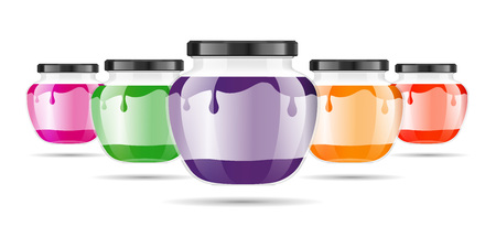 Realistic transparent glass jar with jam, confiture or sauce. Preserving packaging set. Label and design for jam. Mock up jar with design label or badges.のイラスト素材
