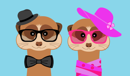 Meerkat boy and girl portrait with glasses, hat and bow. Vector illustration.のイラスト素材