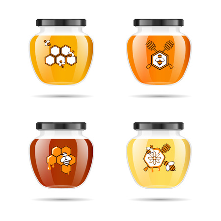 Realistic transparent glass jar with honey. Food bank. Honey packaging design.Mock up glass jar with design label or badges. Premium food product. Vector illustrations.のイラスト素材