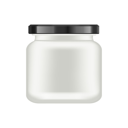 Realistic white matt glass matt jar with black lid for cosmetics - body cream, oil, scrub, gel, powder. Realistic packaging mockup template. Medical container. Vector illustrations.のイラスト素材