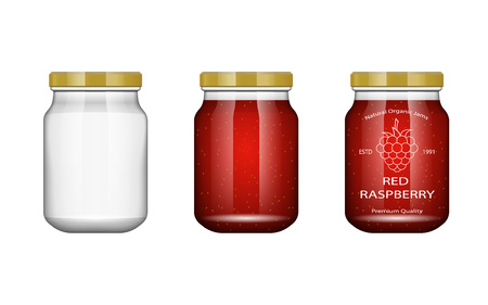 Glass jar with jam and configure with   raspberry. Packaging collection. Label for jam.の写真素材