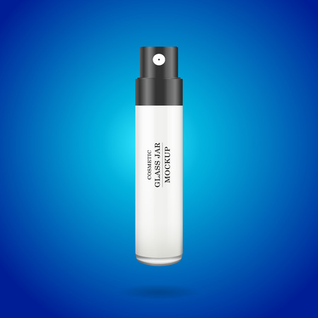 Realistic white glass jar for cosmetics - spray, body cream, butter, scrub, foundation cream, gel, skin care, on blue background. Premium product. Package template. Vector mock up setのイラスト素材