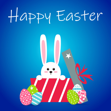 White easter rabbit with eggs. Funny bunny in flat style. Easter Bunny. On blue winter background. Colorful Happy Easter greeting card. Vector illustrationのイラスト素材
