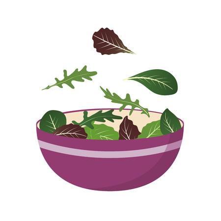Bowl of fresh mix of salad leaves. Arugula, spinach and lettuce leaf. Vector illustration set in flat styleのイラスト素材