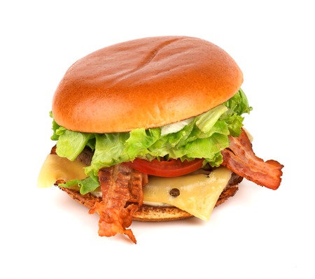 Fresh tasty burger, isolated on white backgroundの写真素材