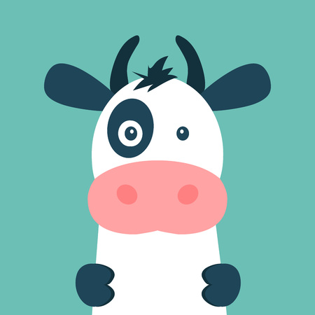 Cute cow isolated on blue background. illustration in cartoon flat design styleの写真素材