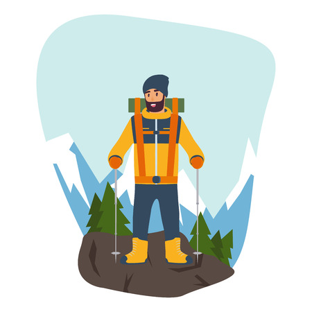 Cartoon climber with trekking sticks in hand and in full gear for a hike in the mountains. The concept of sport and competition. Flat design style. Vector illustrationのイラスト素材
