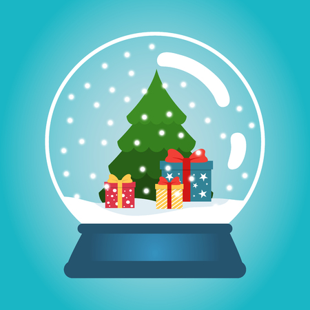 Christmas ball with snow and a Christmas tree. Snow globe with gift boxes. Winter christmas vector illustrationのイラスト素材