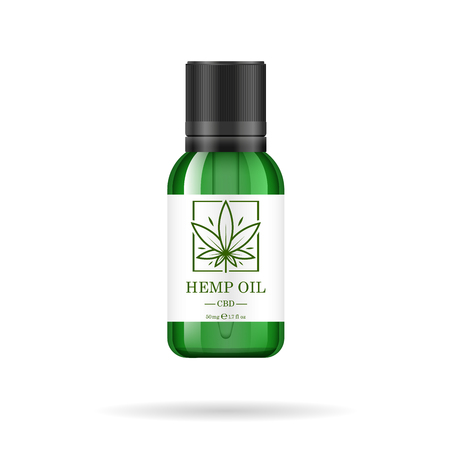 Realistic green glass bottle with hemp oil. Mock up of cannabis oil extracts in jars. Medical Marijuana logo on the label. Vector illustration.のイラスト素材