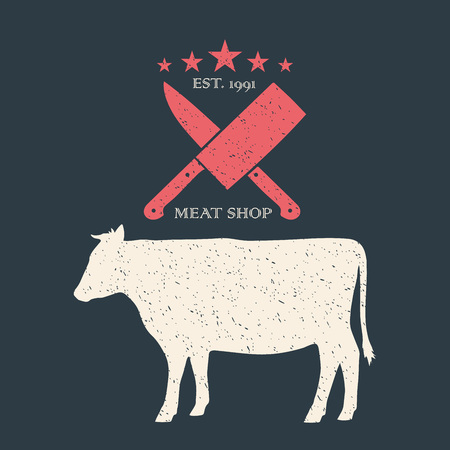 Beef. Vintage poster for butchery meat shop. retro print, organic farm products. Beef silhouette. Emblem template.のイラスト素材