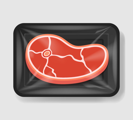 Steak on the bone in plastic tray container with cellophane cover. Mockup template for your design. Plastic food container. Vector illustration.のイラスト素材