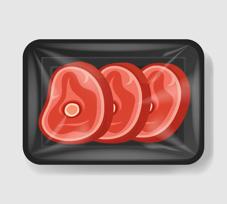 Steak on the bone in plastic tray container with cellophane cover. Mockup template for your design. Plastic food container. Vector illustration.のイラスト素材