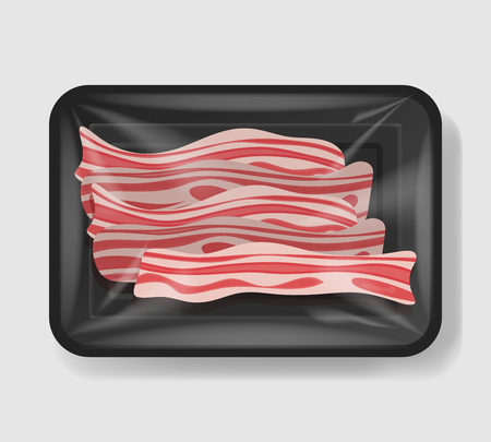 Bacon in plastic tray container with cellophane cover. Mockup template for your design. Plastic food container. Vector illustration.のイラスト素材