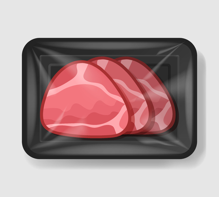 Baked glazed ham in plastic tray container with cellophane cover. Mockup template for your design. Plastic food container. Vector illustration.のイラスト素材