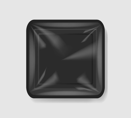 Plastic tray container with cellophane cover. Mockup template for your design. Plastic food container. Vector illustration.のイラスト素材