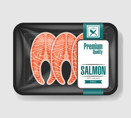 Salmon in plastic tray container with cellophane cover. Mockup template for your design. Plastic food container. Vector illustration.のイラスト素材