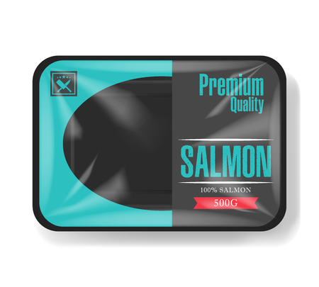 Salmon fillet packaging. Plastic tray container with cellophane cover. Mockup template for your design. Plastic food container. Vector illustration.のイラスト素材