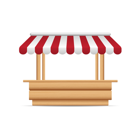 Wooden market stand stall with red and white sunshade. Mock up of wooden counter with canopy for street trading, wooden counter, kiosk, stand. Vector illustrationのイラスト素材