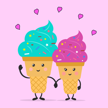 Ice cream in love. Ice cream time. Ice cream cartoon characters. Flat style. Vector illustrationのイラスト素材