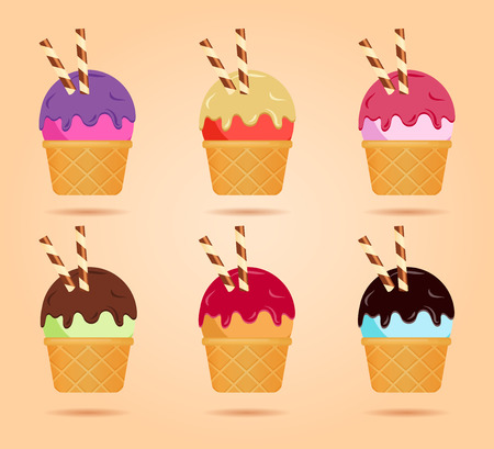 Different ice cream in waffle cup, dairy product. Ice cream scoop image in flat style. Vector illustration setのイラスト素材