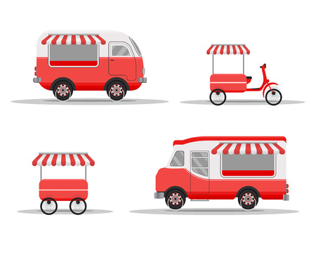 Street food truck concept. Street food vehicles, truck, van. Fast food delivery. Flat design style. Vector illustration.のイラスト素材