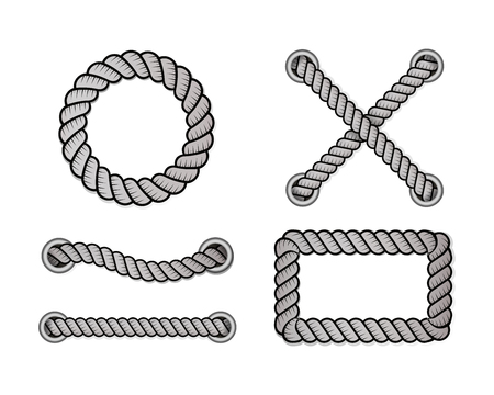 Rope for decoration and covering, nautical twisted rope knots. Round and square rope frames, cord borders. Decoration elements. Vector illustrationのイラスト素材