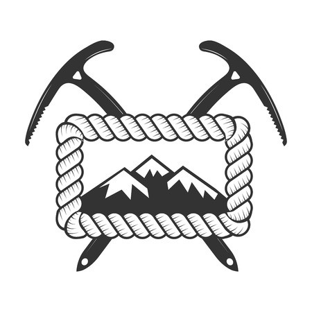 Climbing and alpine club badge. Concept for print or stamp. Crossed ice axes for climbing and mountaineering. Mountain equipment. Outdoors adventure emblem. Vector illustration.のイラスト素材